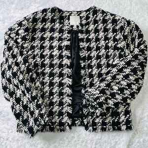 Joie Womens Black White Awel Houndstooth Twill Fringe Open Front Jacket Sz Large
